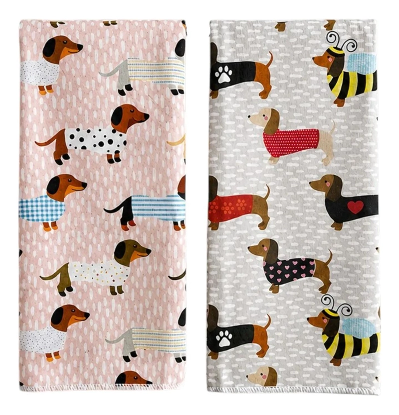 SET 2 TOALLAS DE COCINA PERRO SALCHICHA DACHSHUND DECORATIVO BEIGE - 2