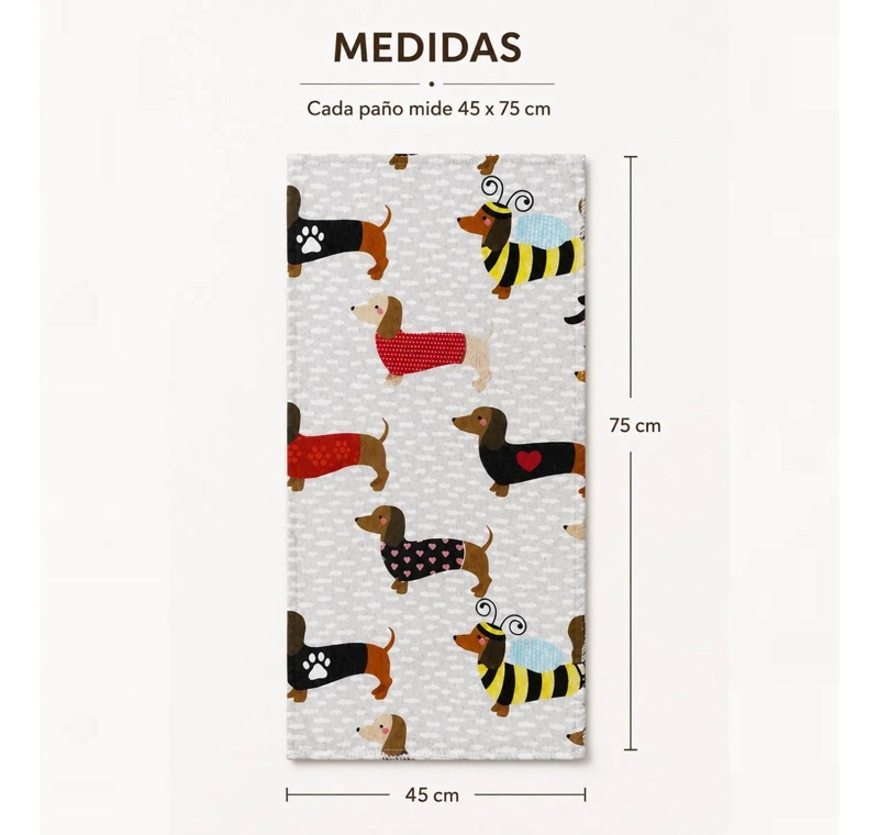 SET 2 TOALLAS DE COCINA PERRO SALCHICHA DACHSHUND DECORATIVO BEIGE - 3