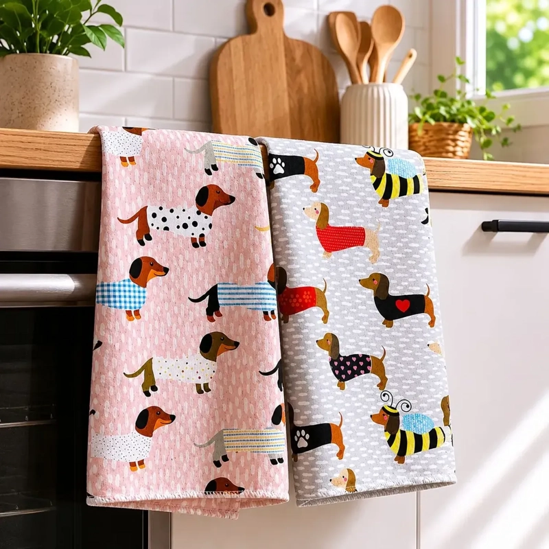 SET 2 TOALLAS DE COCINA PERRO SALCHICHA DACHSHUND DECORATIVO BEIGE - 4