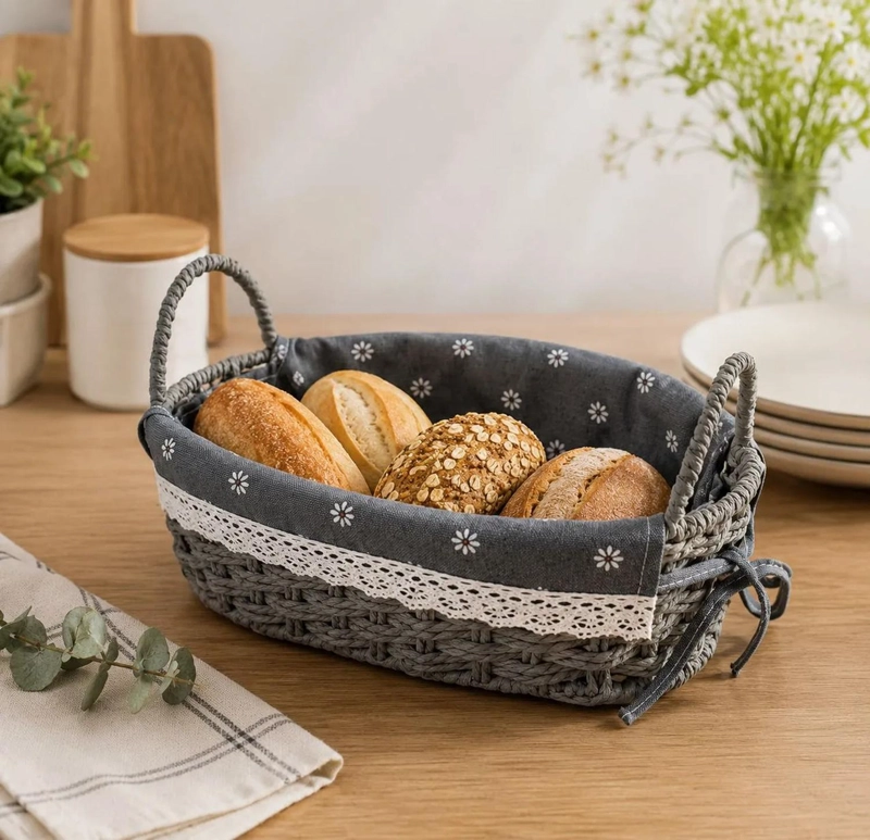 CESTA PANERA TEJIDA CESTA DE PAN OVALADA 27X17CM DISEÑO FLOR - 3