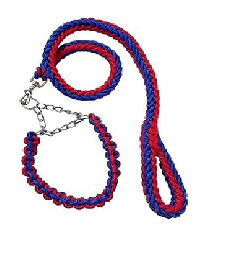 SET CORREA PERROS TRENZADA GRANDES + COLLAR AHORQUE XL ROJO AZUL DEFENSOR FOREVER - 2