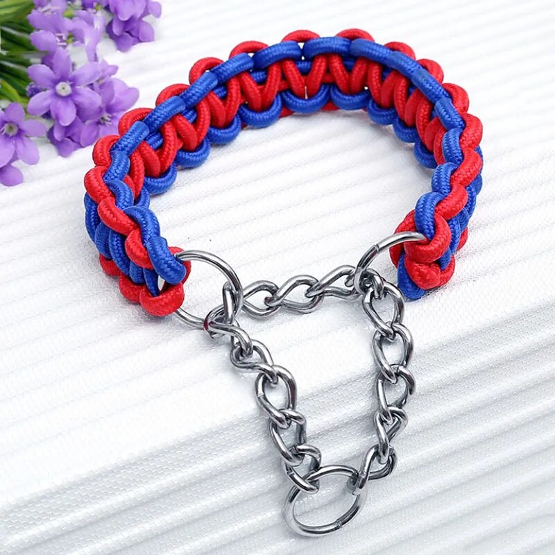 SET CORREA PERROS TRENZADA GRANDES + COLLAR AHORQUE XL ROJO AZUL DEFENSOR FOREVER - 4