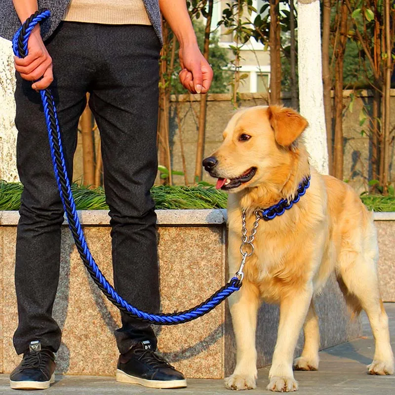 SET CORREA PERROS TRENZADA GRANDES + COLLAR AHORQUE XL AZUL NEGRO DEFENSOR FOREVER - 3