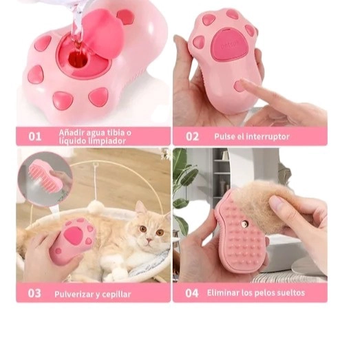 CEPILLO AUTOMÁTICO PARA GATOS A VAPOR 3 EN 1 COLOR ROSA - 2