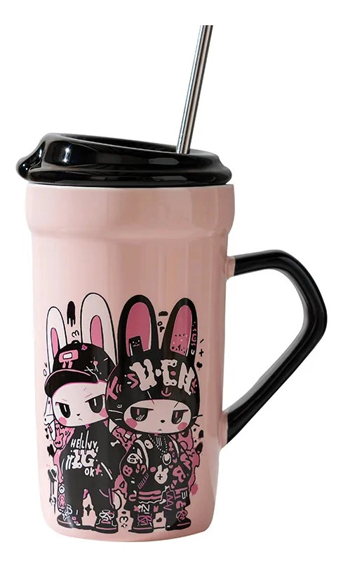 MUG DE CERAMICA, CON TAPA Y BOMBILLA, KAWAII 470 ML - 1