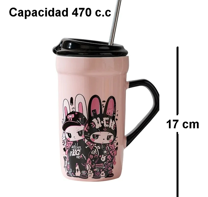 MUG DE CERAMICA, CON TAPA Y BOMBILLA, KAWAII 470 ML - 2