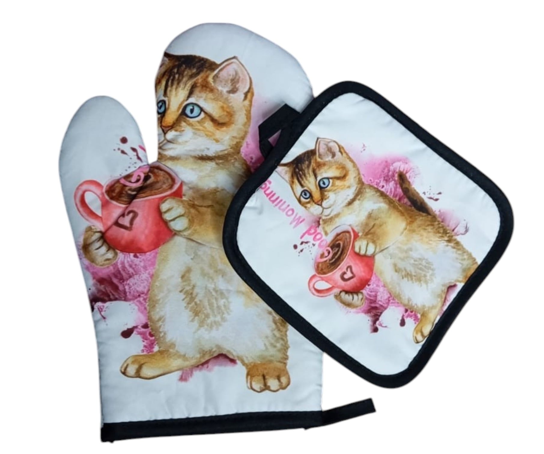 GUANTE DE COCINA Y TOMA OLLAS, GUANTE HORNO, GATITOS KAWAII - 1