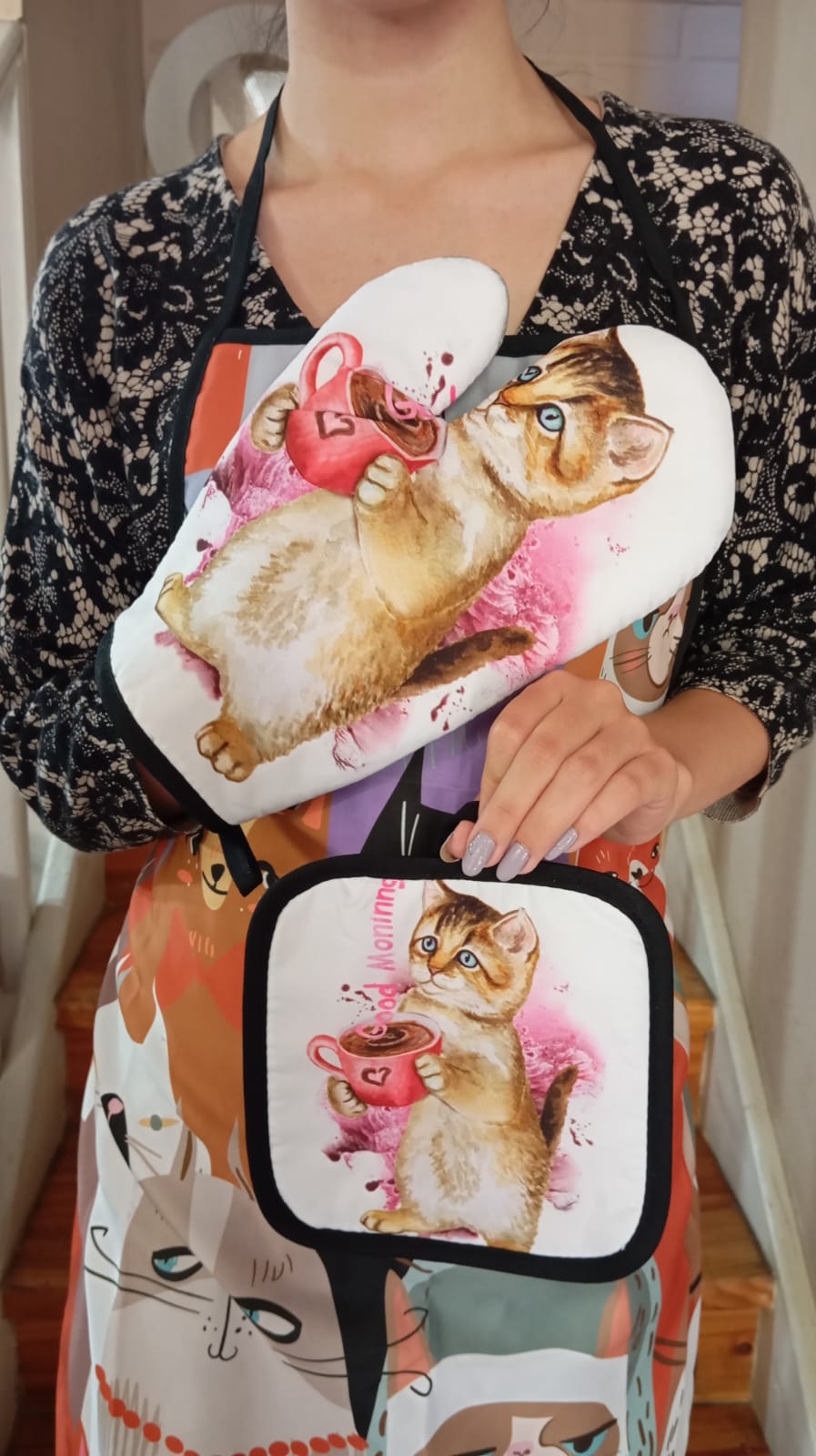 GUANTE DE COCINA Y TOMA OLLAS, GUANTE HORNO, GATITOS KAWAII - 6