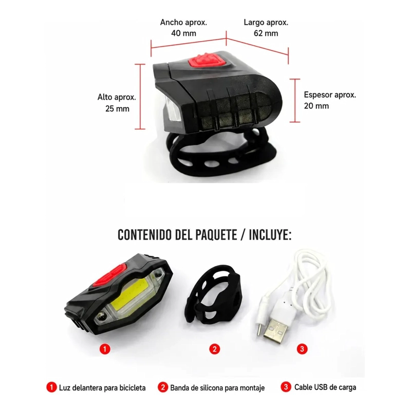 LUZ DELANTERA BICICLETA LED USB RECARGABLE RESISTENTE AGUA - 3