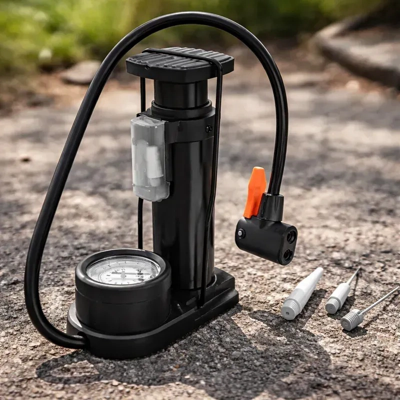 BOMBIN DE PIE PORTATIL CON MANOMETRO PARA BICICLETA PELOTAS - 1