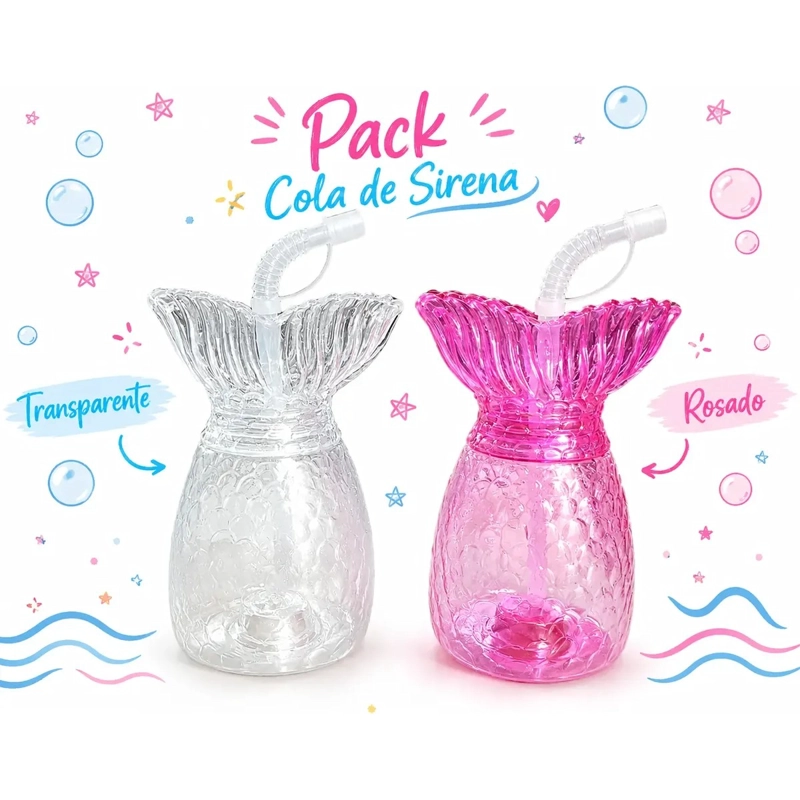PACK 2 VASOS PLASTICOS COLA SIRENA CON BOMBILLA REUTILIZABLE - 5