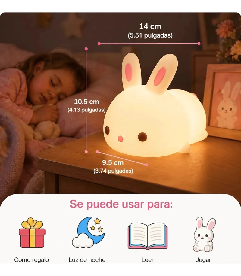 LAMPARA SILICONA CONEJO LED RECARGABLE USB 7 COLORES KAWAII BLANCO - 6