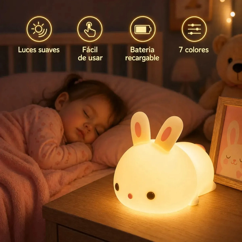 LAMPARA SILICONA CONEJO LED RECARGABLE USB 7 COLORES KAWAII BLANCO - 8