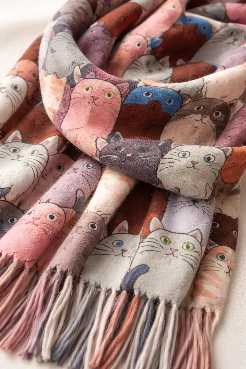 BUFANDA PAÑUELO PARA MUJERES ESTAMPADO DE GATITOS TELA SUAVE - 2
