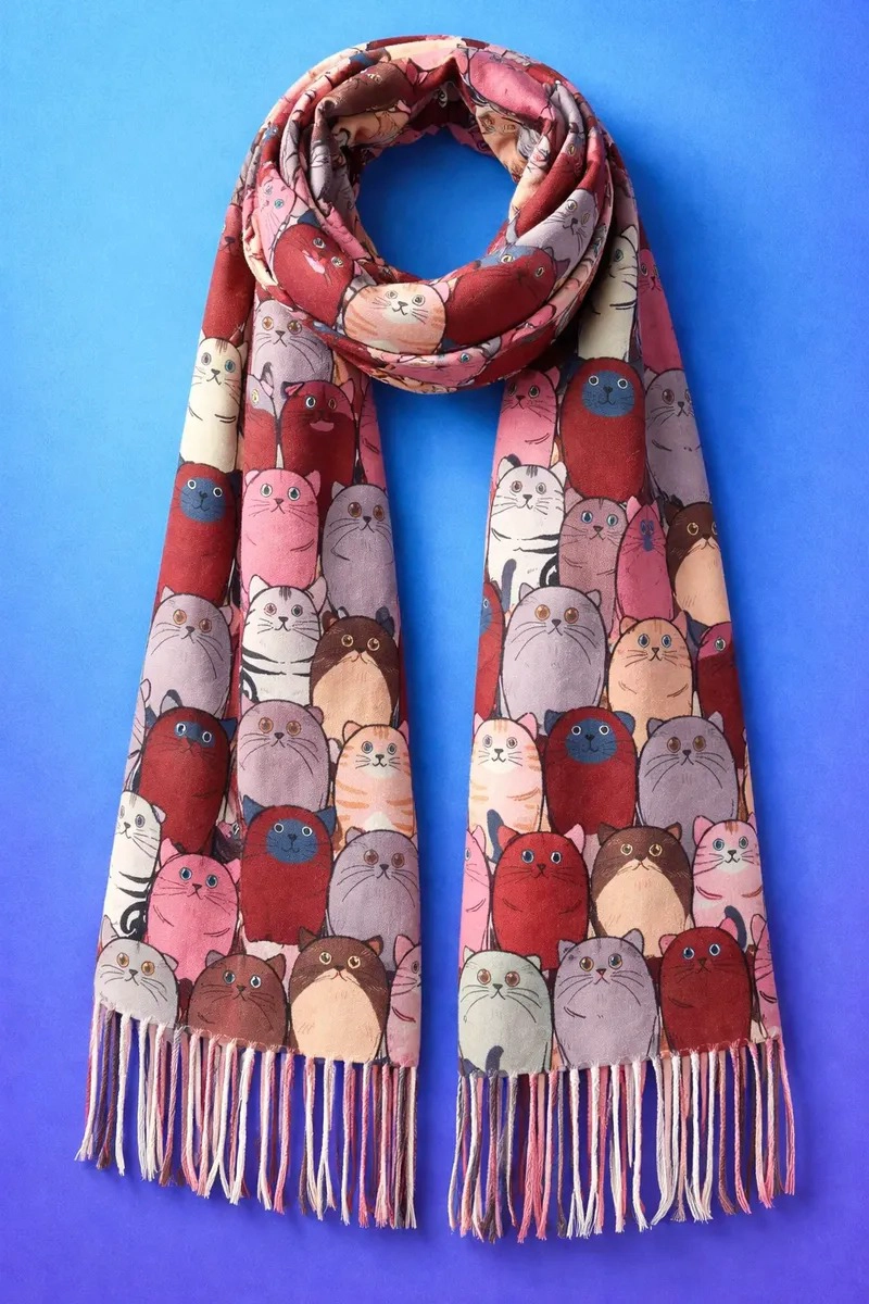 BUFANDA PAÑUELO PARA MUJERES ESTAMPADO DE GATITOS TELA SUAVE - 7