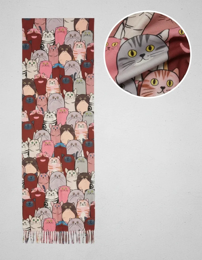 BUFANDA PAÑUELO PARA MUJERES ESTAMPADO DE GATITOS TELA SUAVE - 8