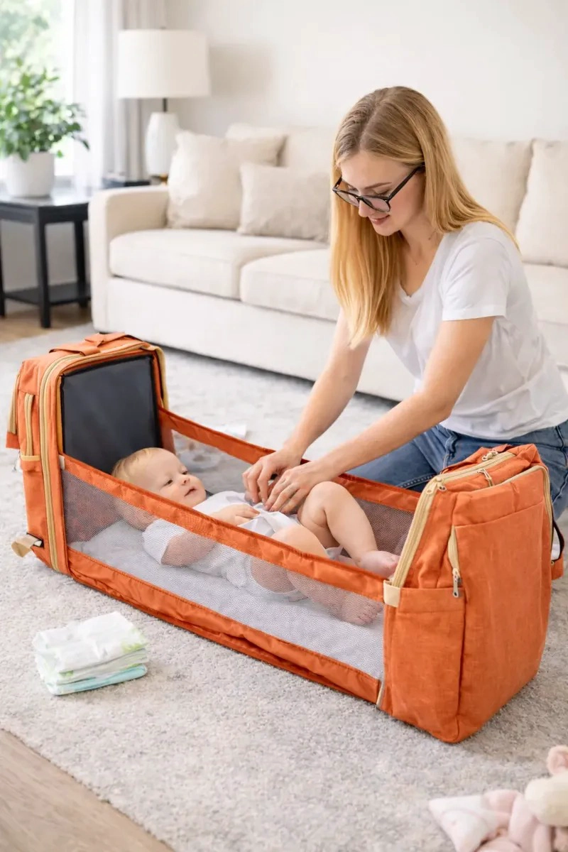 MOCHILA PAÑALERA CUNA 3 EN 1 PORTATIL USB + GANCHOS COCHE - 6