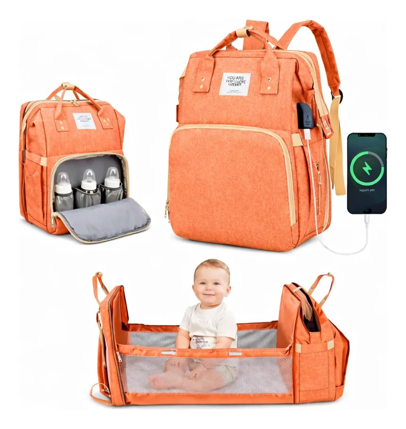 MOCHILA PAÑALERA CUNA 3 EN 1 PORTATIL USB + GANCHOS COCHE - 8