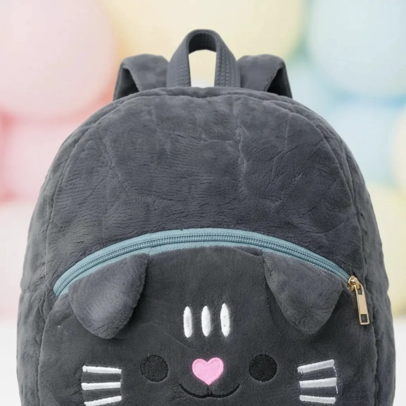 MOCHILA PELUCHE GATO KAWAII DE FELPA GRIS SUAVE ADORABLE - 2