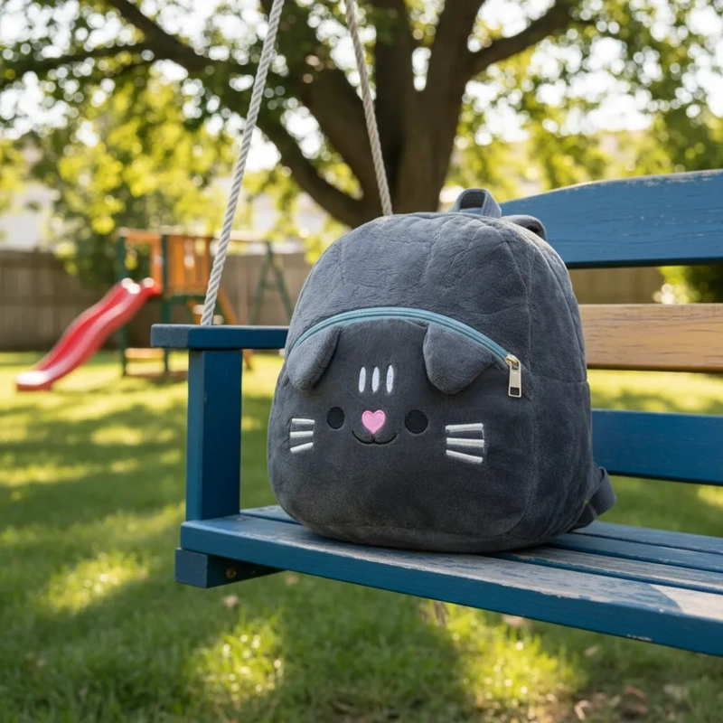 MOCHILA PELUCHE GATO KAWAII DE FELPA GRIS SUAVE ADORABLE - 7