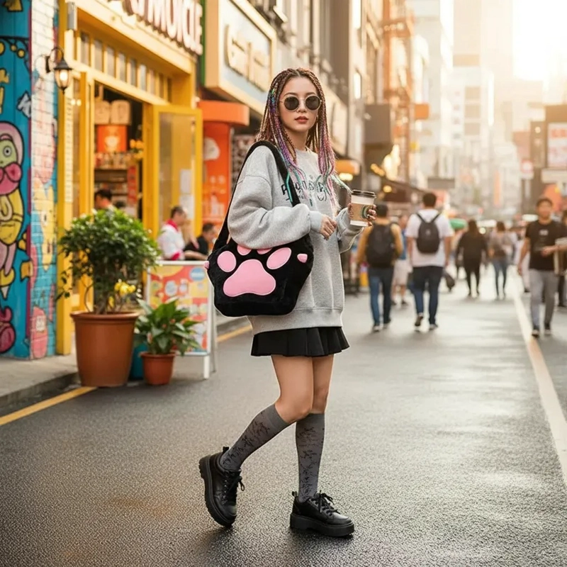BOLSO GARRA GATO KAWAII TELA PELUCHE SUAVE CORREA AJUSTABLE - 3