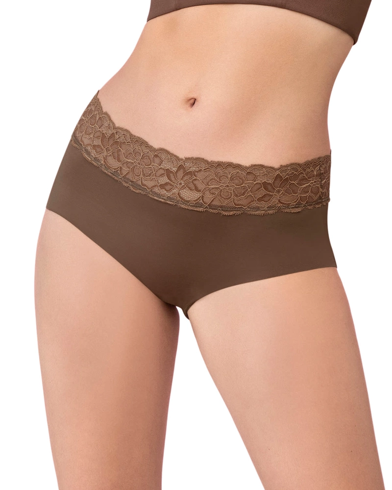 CALZÓN MUJER LEONISA 12960 PANTALETA EN TELA ULTRALIVIANA CON FRANJA DE ENCAJE CAFE MEDIO - 1