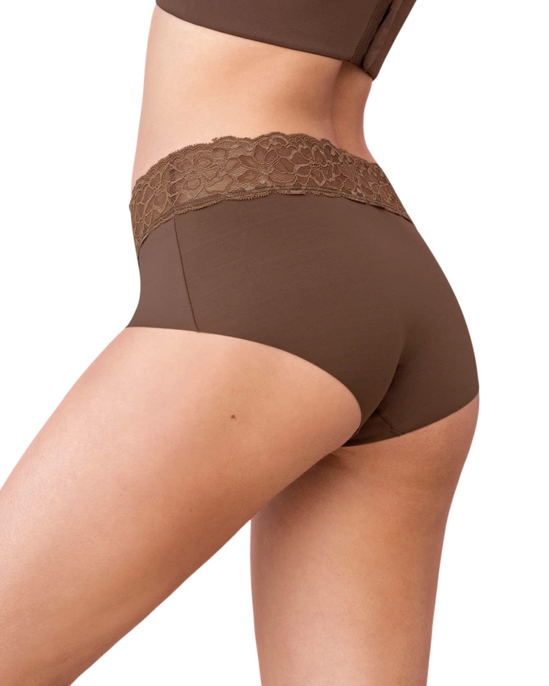 CALZÓN MUJER LEONISA 12960 PANTALETA EN TELA ULTRALIVIANA CON FRANJA DE ENCAJE CAFE MEDIO - 2