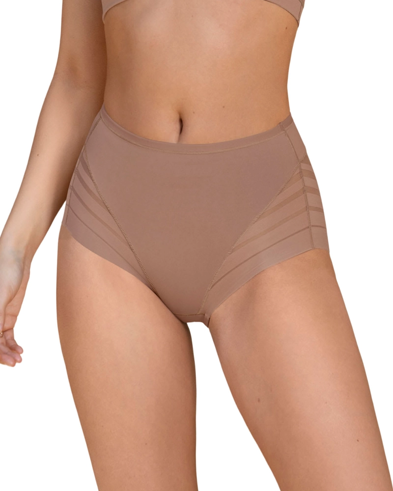 CALZÓN FAJA MUJER LEONISA 12903 CLÁSICO CON CONTROL MODERADO DE ABDOMEN Y BANDAS EN TUL CAFE - 1