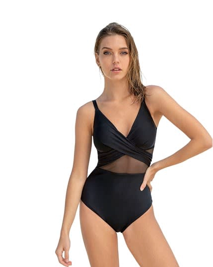 TRAJE DE BAÑO MUJER LEONISA 19A124 ENTERO CONTROL SUAVE DE ABDOMEN NYLON RECICLADO NEGRO - 1