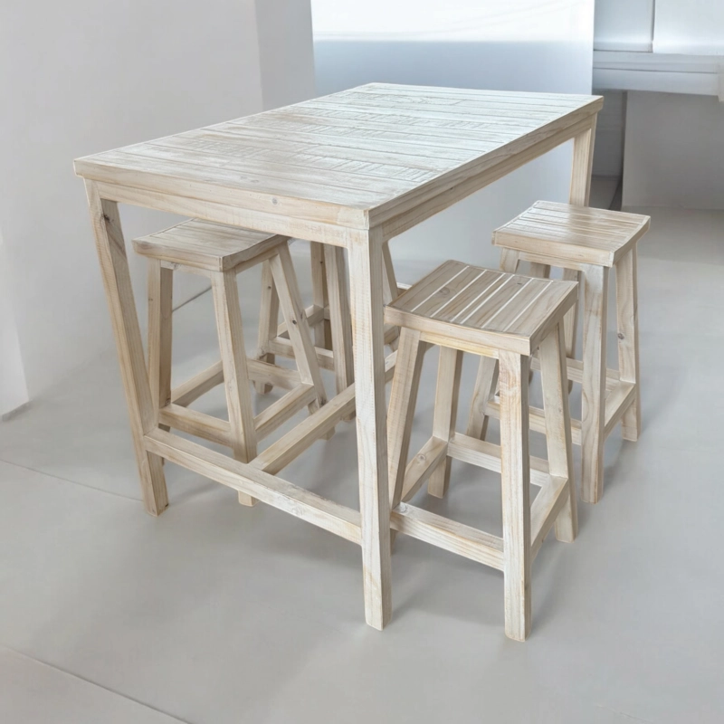 CONJUNTO TERRAZA CON 4 TABURETES TAIKKEE COLOR BLANCO DECAPADO - 2