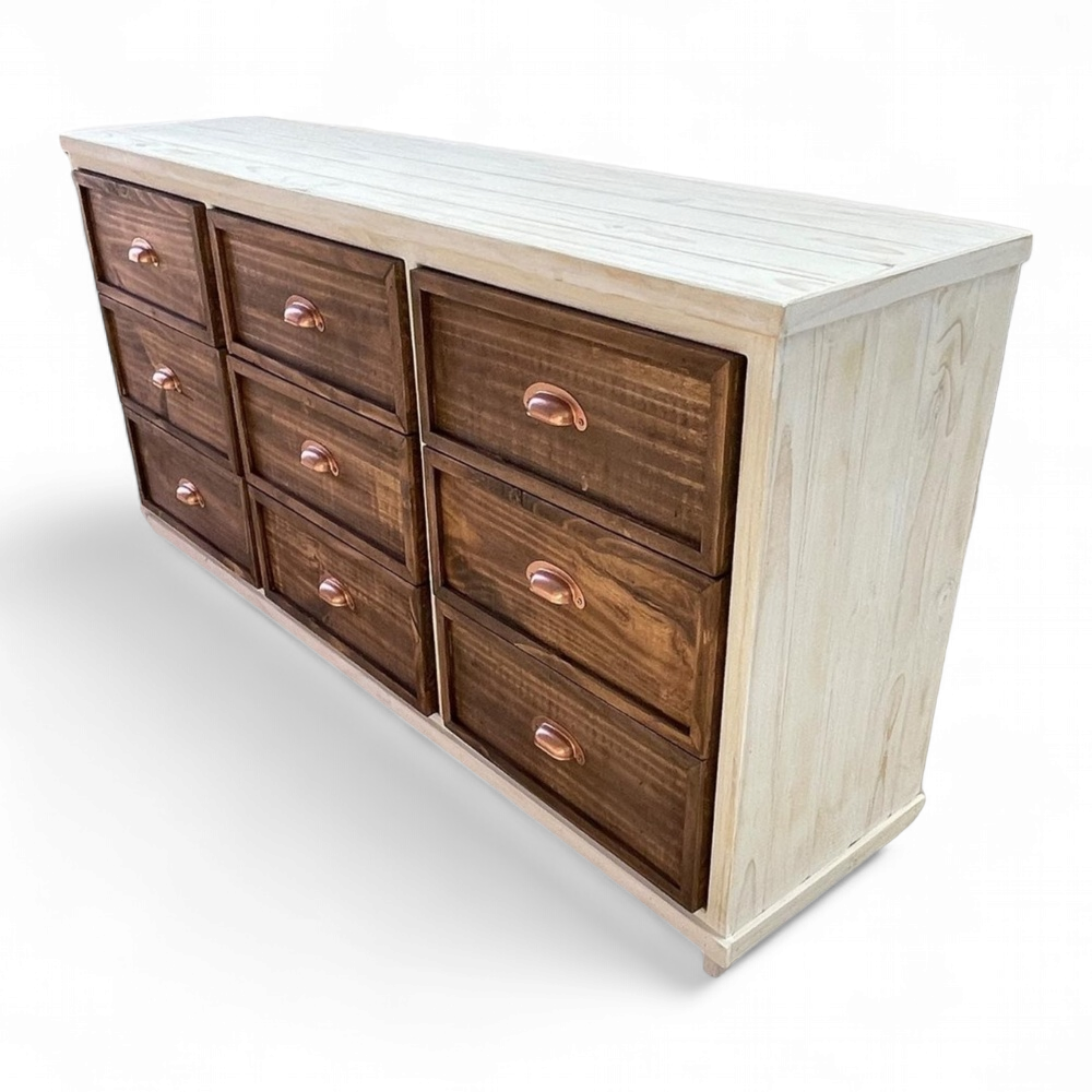 CÓMODA TAIKKEE MADERA 9 CAJONES BLANCO CON DECAPADO Y NOGAL - 1