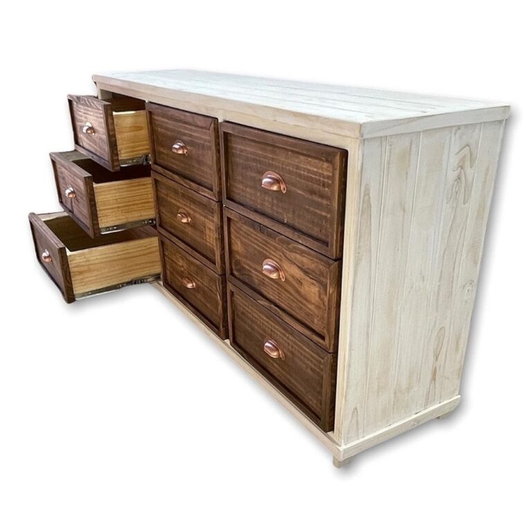 CÓMODA TAIKKEE MADERA 9 CAJONES BLANCO CON DECAPADO Y NOGAL - 3