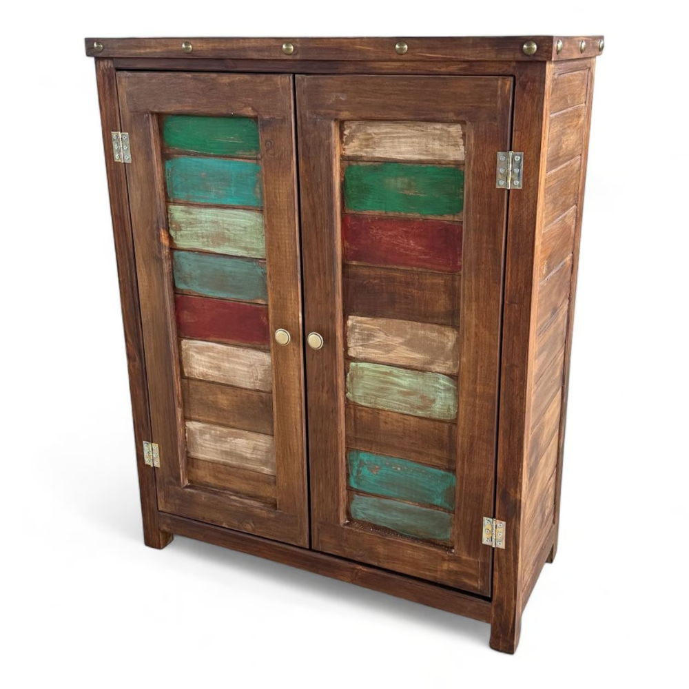 MUEBLE CAVA PARA BOTELLAS Y COPAS TAIKKEE CON PATINA DE COLORES - 1