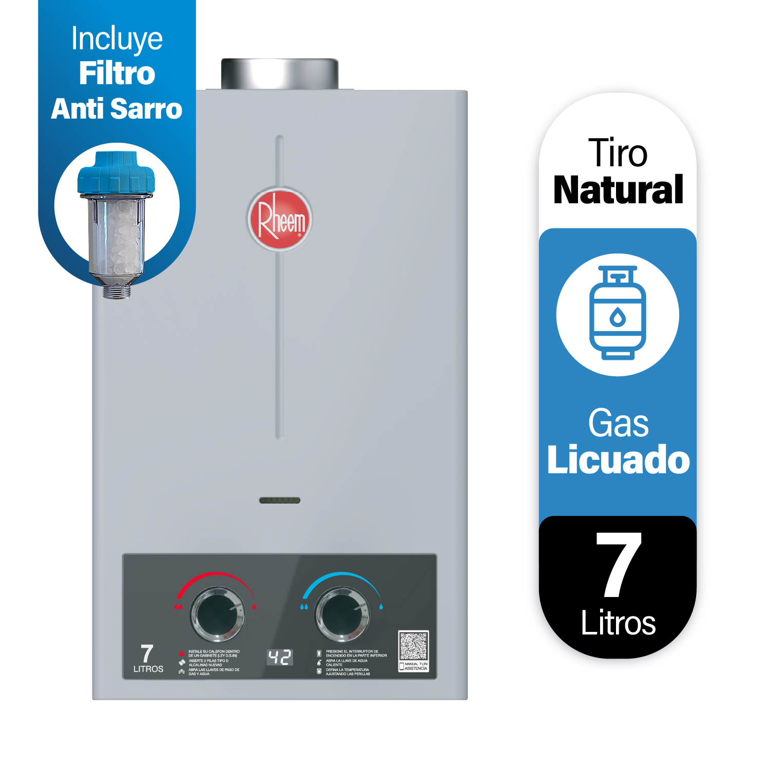 CALEFONT 7 LITROS GAS LICUADO TIRO NATURAL RHEEM - 4