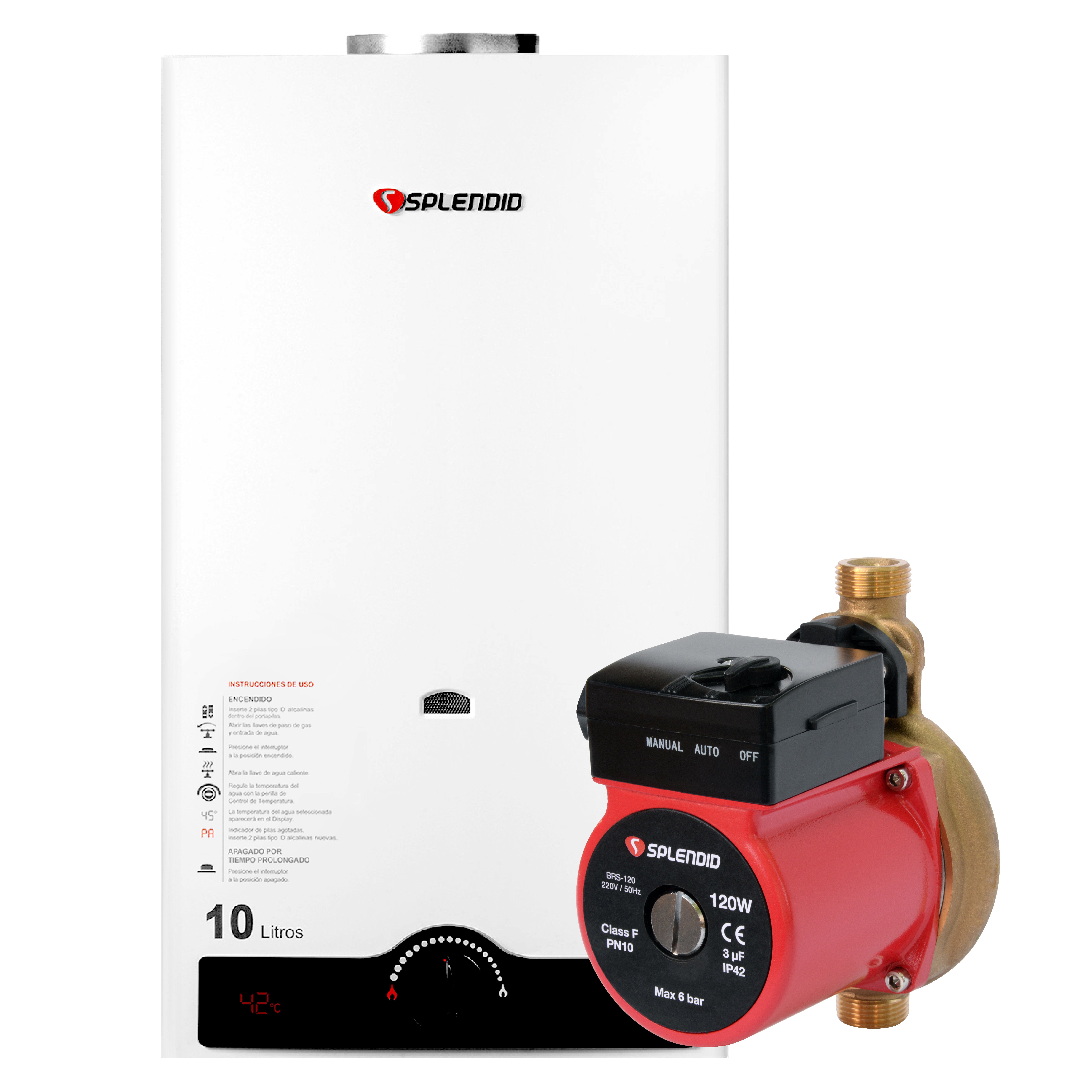 CALEFONT A GAS LICUADO 10 L SPLENDID TIRO NATURAL + BOMBA PRESURIZADORA