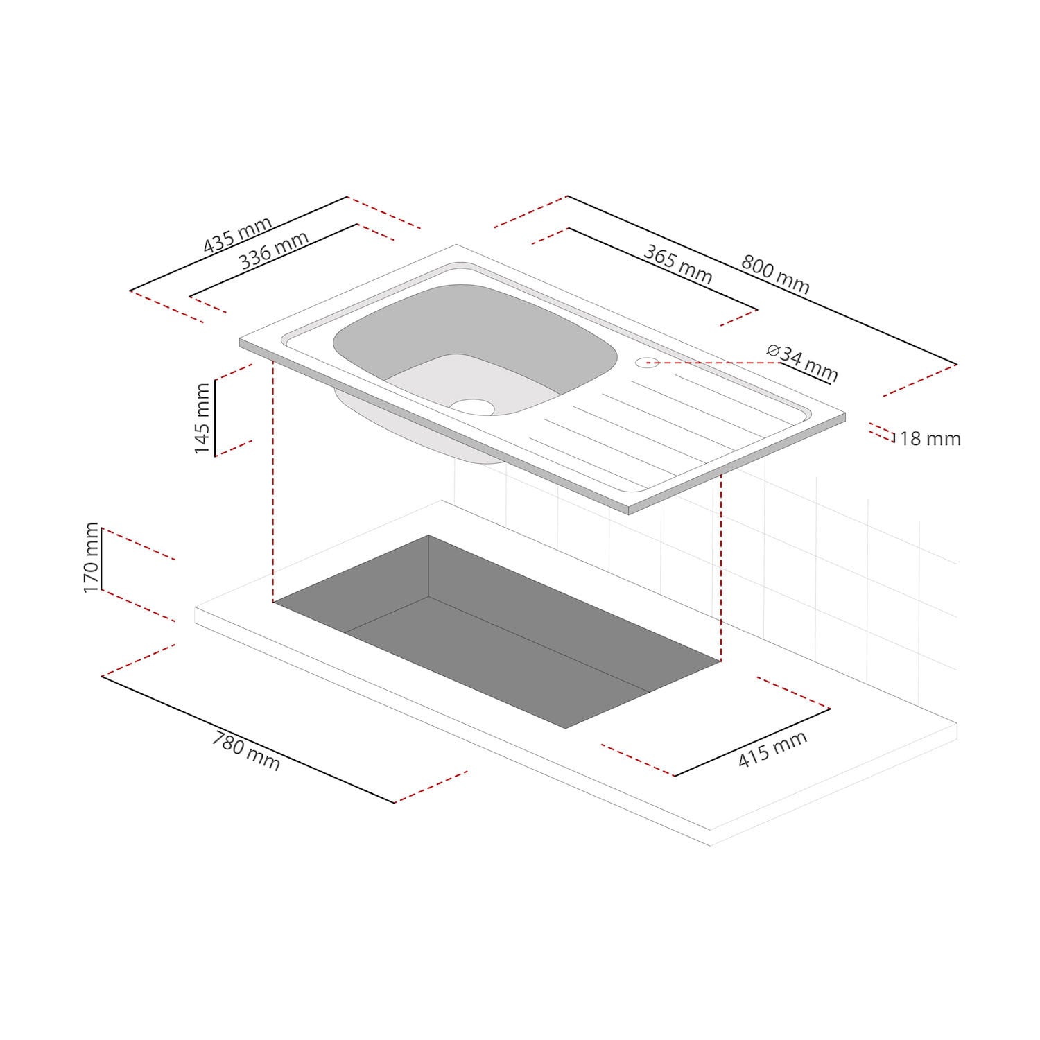 LAVAPLATOS EMPOTRADO 800X435 C/ REBALSE MONOBLOCK DERECHO - 2