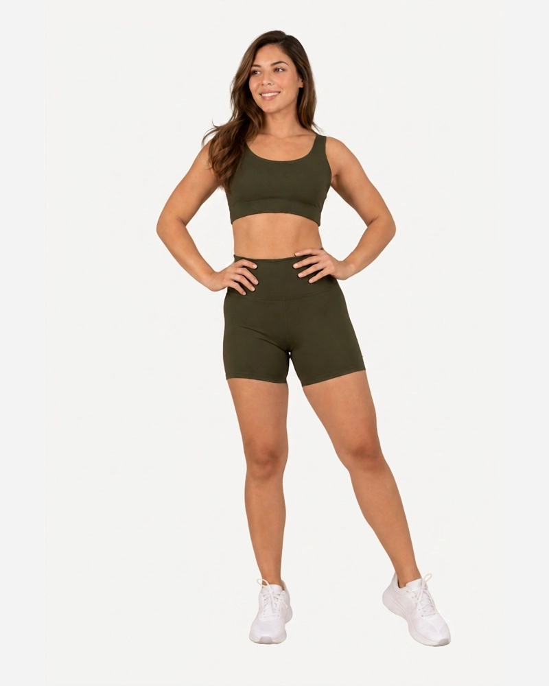 ROPA DEPORTIVA CONJUNTO MUJER SHORT VERDE MILITAR PILATES YOGA GYM - 1
