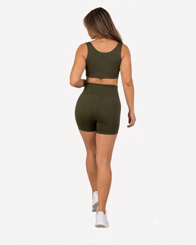 ROPA DEPORTIVA CONJUNTO MUJER SHORT VERDE MILITAR PILATES YOGA GYM - 3