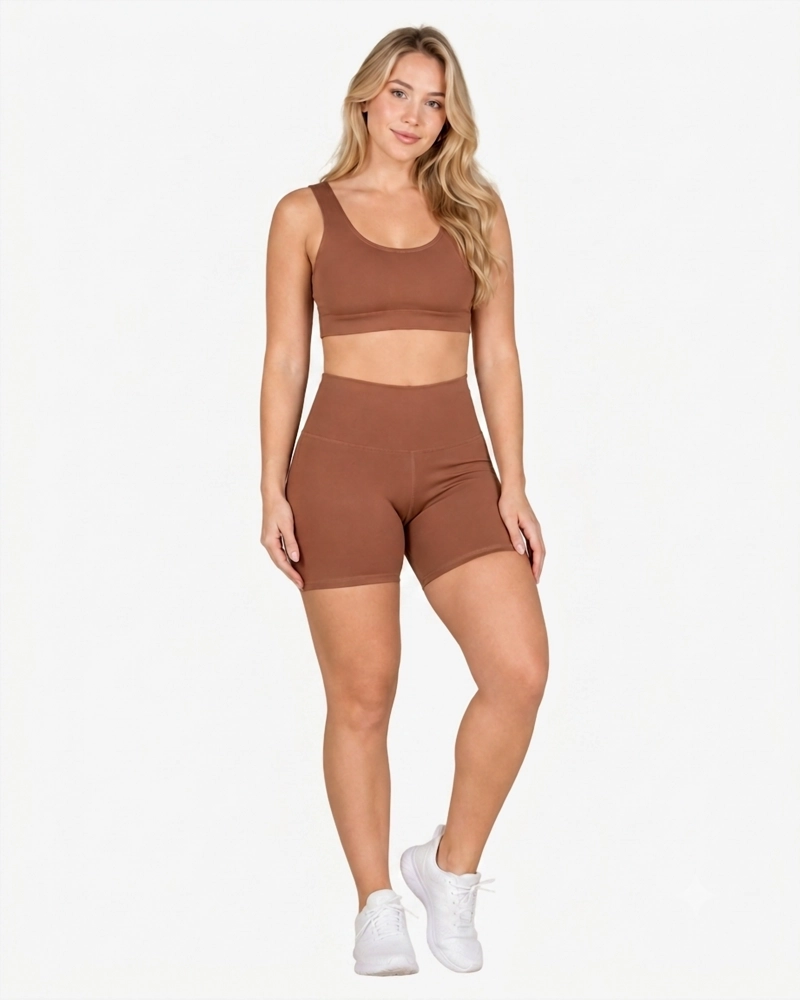 ROPA DEPORTIVA CONJUNTO MUJER SHORT CHOCOLATE CLARO PILATES YOGA GYM - 1