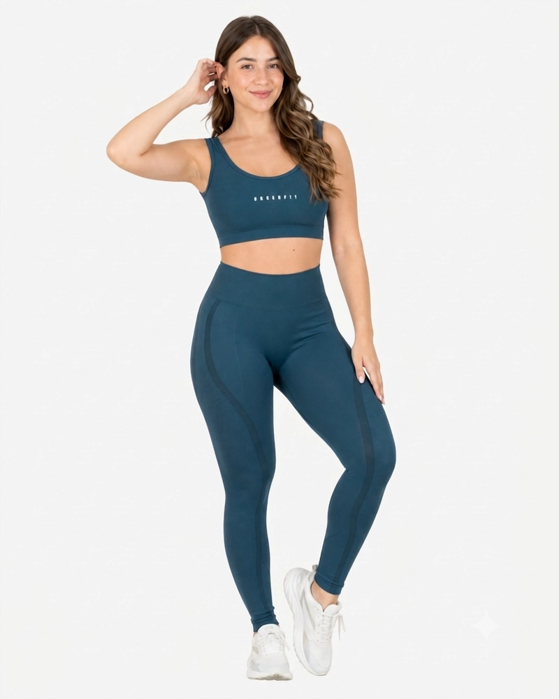 ROPA DEPORTIVA CONJUNTO MUJER SEAMLESS AZUL GRISACEO PILATES YOGA GYM - 1