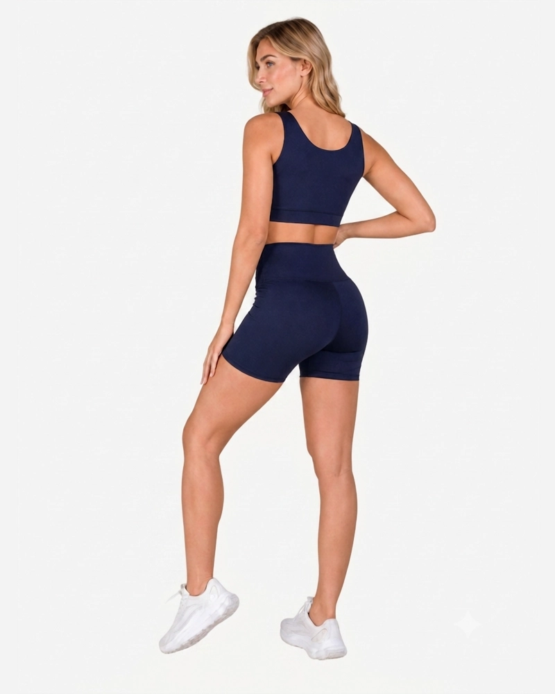 ROPA DEPORTIVA CONJUNTO MUJER SHORT AZUL OSCURO PILATES YOGA GYM - 3
