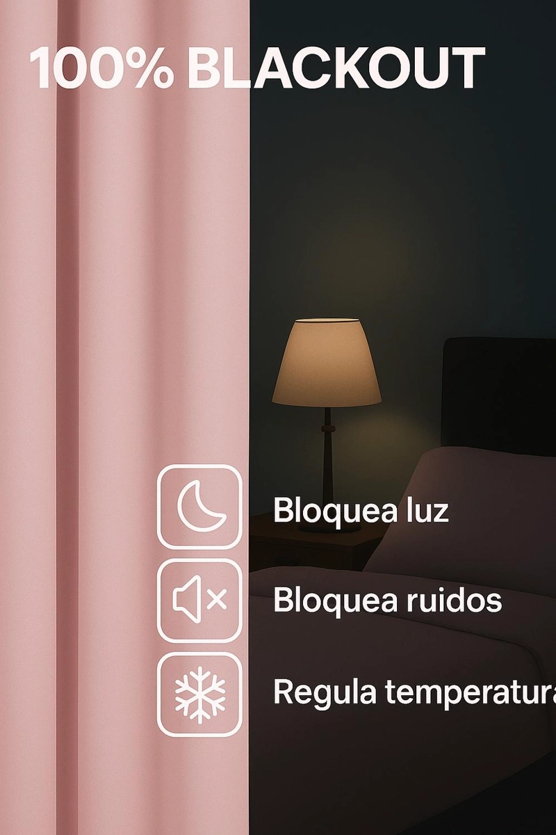 CORTINA BLACKOUT 100% ENGOMADA TERMICA TELA LIGERA 140X225 - MICROFIBRA PREMIUM - 2 PAÑOS ROSA - 6