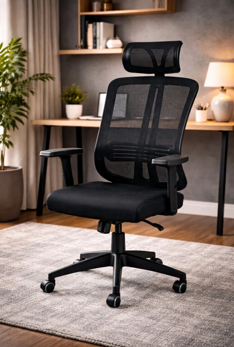 SILLA DE OFICINA PARA ESCRITORIO CON APOYACABEZA BRAZO REGULABLE NEGRA - 2