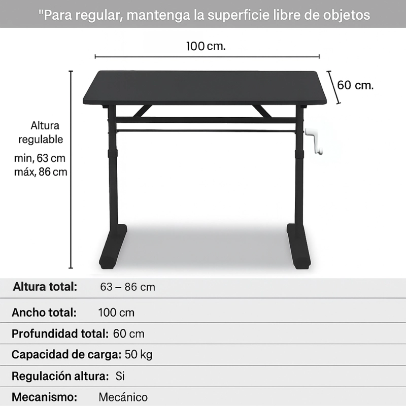 ESCRITORIO FUNCIONAL ALTURA AJUSTABLE 100X60X63-86CM NEGRO - 3