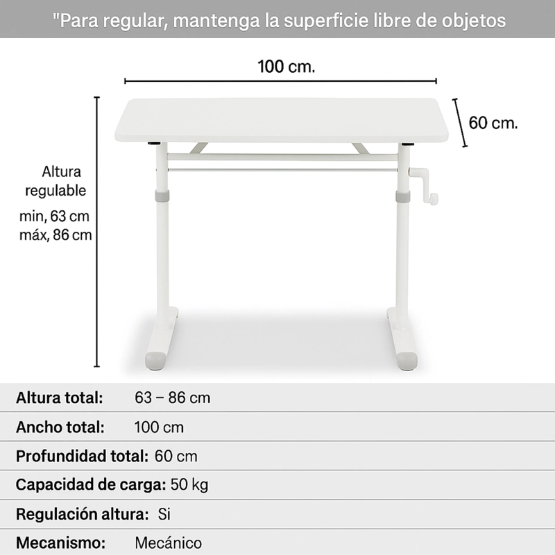 ESCRITORIO FUNCIONAL ALTURA AJUSTABLE 100X60X63-86CM BLANCO - 3