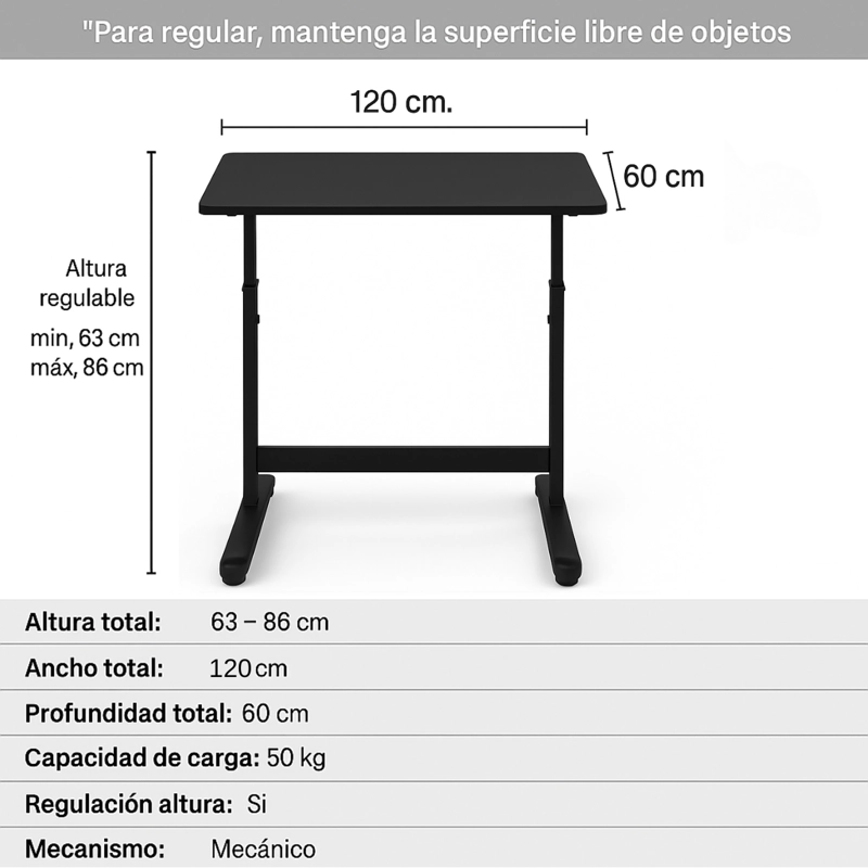 ESCRITORIO FUNCIONAL ALTURA AJUSTABLE 120X60X63-86CM NEGRO - 3