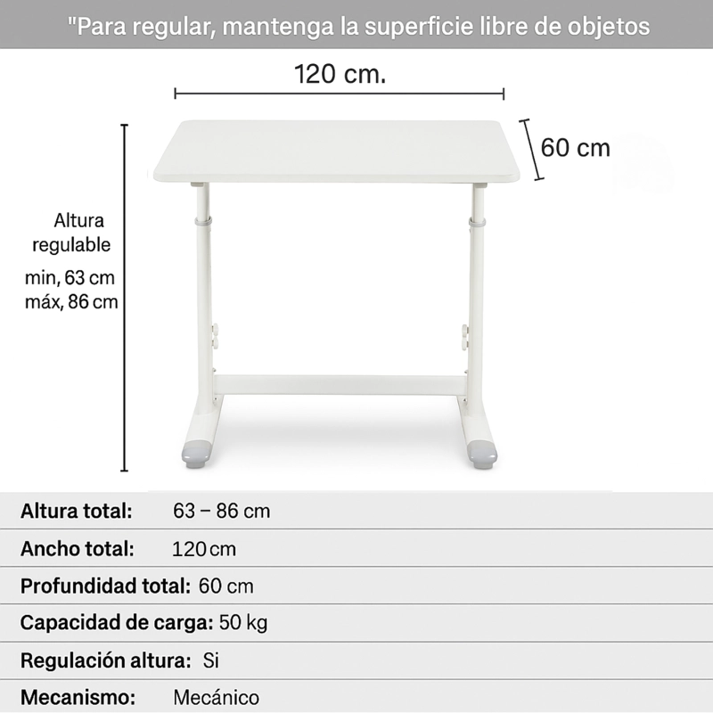 ESCRITORIO FUNCIONAL ALTURA AJUSTABLE 120X60X63-86CM BLANCO - 3