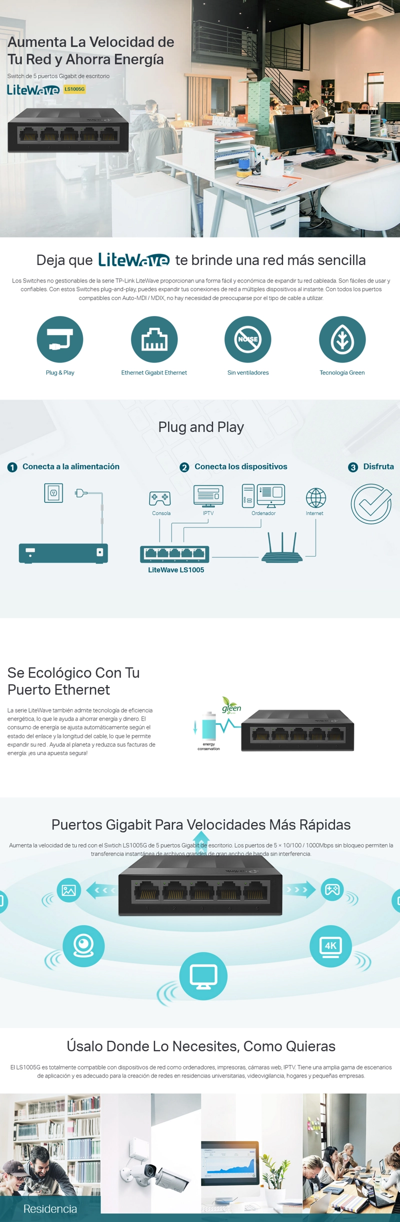 SWITCH DE ESCRITORIO DE 5 PUERTOS TP-LINK LS1005G, 10/100/1000MBPS - 3
