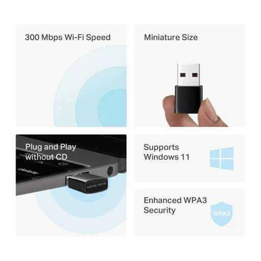 ADAPTADOR USB NANO WI-FI MERCUSYS MA12N N300 - 300 MBPS, WPA3, PLUG & PLAY - 3