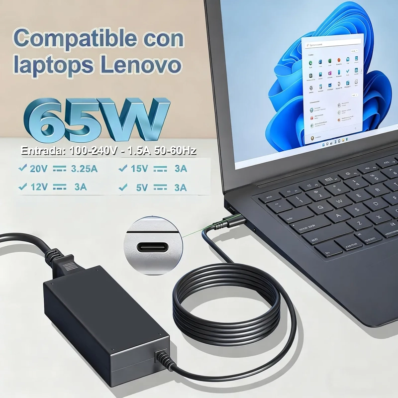 CARGADOR ALTERNATIVO LENOVO USB-C 65W 20V 3.25 AJUSTABLE - 3